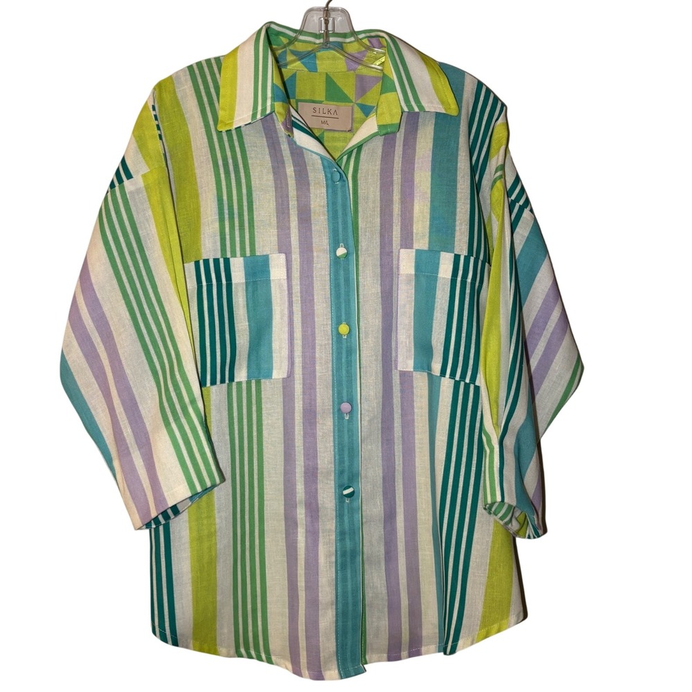 SILKA Button Down Shirt Womens M/L Striped Oversized 3/4 Sleeve Back Vent Green